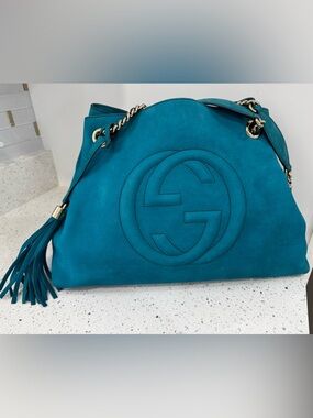 Gucci Soho  Teal Leather Shoulder Bag with Gold Chain Strap